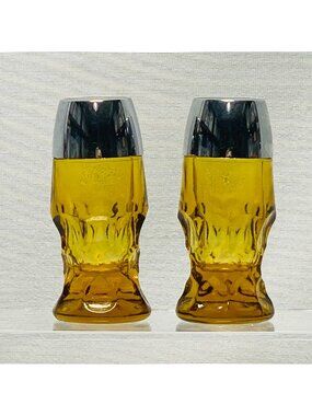 Anchor Hocking Georgian Amber Glass Salt & Pepper Shakers With Chrome Lids